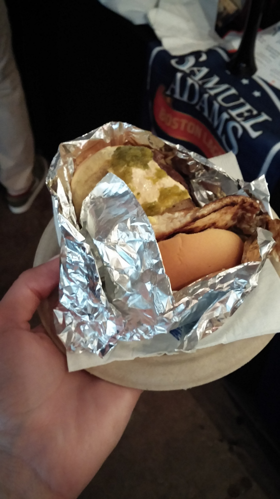 Old Glory Slider topped with pork belly Pimento cheese Fried egg Green chili verde