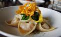 Slow roasted butternut squash tortelloni with sage brown butter sauce and sautéed rapini